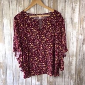 LC Lauren Conrad Burgundy Floral Ruffle Blouse
